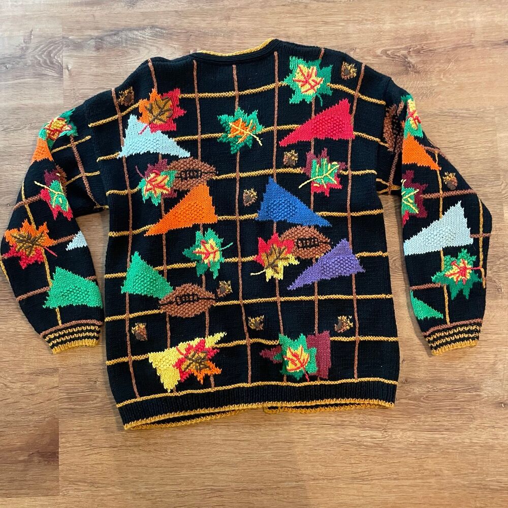 Vintage Cardigan Bay Hand Knit Fall Football Leaves Chunky Button Sweater medium - Picture 8 of 8